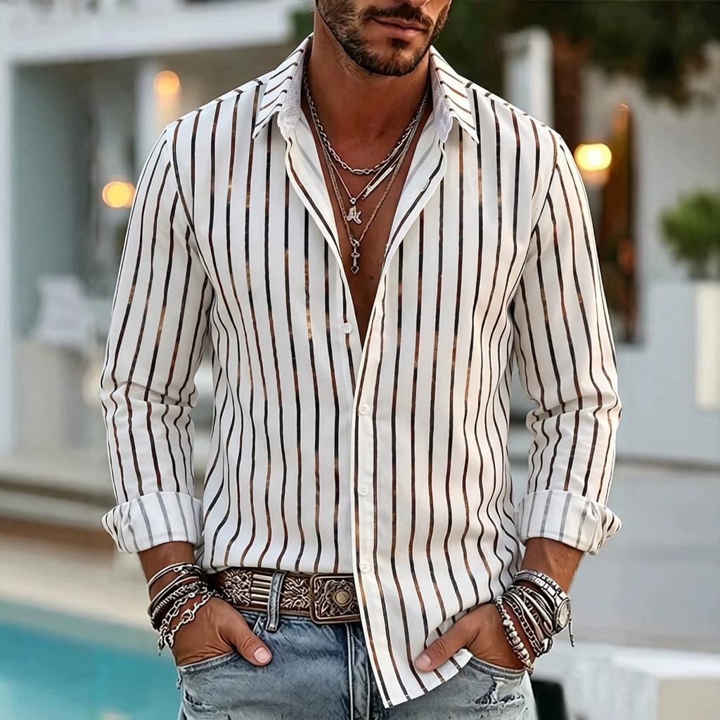 2026 New Style Men's Striped Long-Sleeved Shirt with Collar, Slim-Fitting Casual Shirt, Fashionable Cardigan Tops