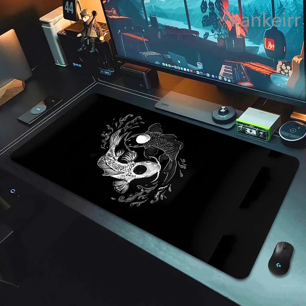 Koi Yinyang Black and White Mouse Pad Large Mausepad XL Deskmat Gray Keyboard Mouse Mat 1000x500 Carpet Extended Pads for Office