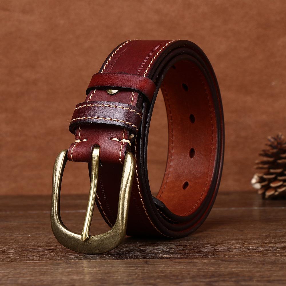 

Ремень мужской из натуральной кожи первого слоя коровьей кожи с медной пряжкой, ленивый новый модный универсальный мужской ремень 125cm бордовый