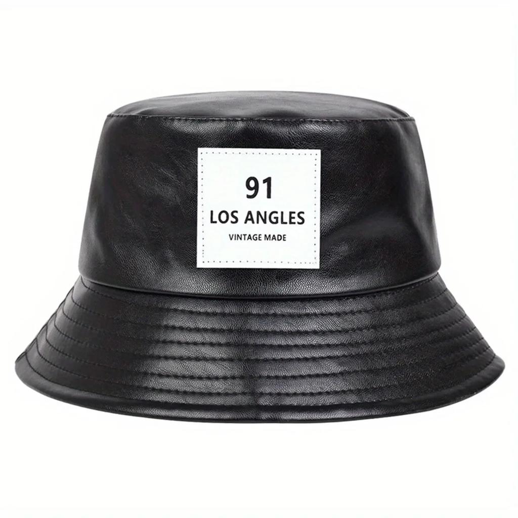 Unisex 91 Los Angeles Label Embroidery Pu Leather Bucket Hats Fishermen Caps Outdoor Casual Cap Sunscreen Hat