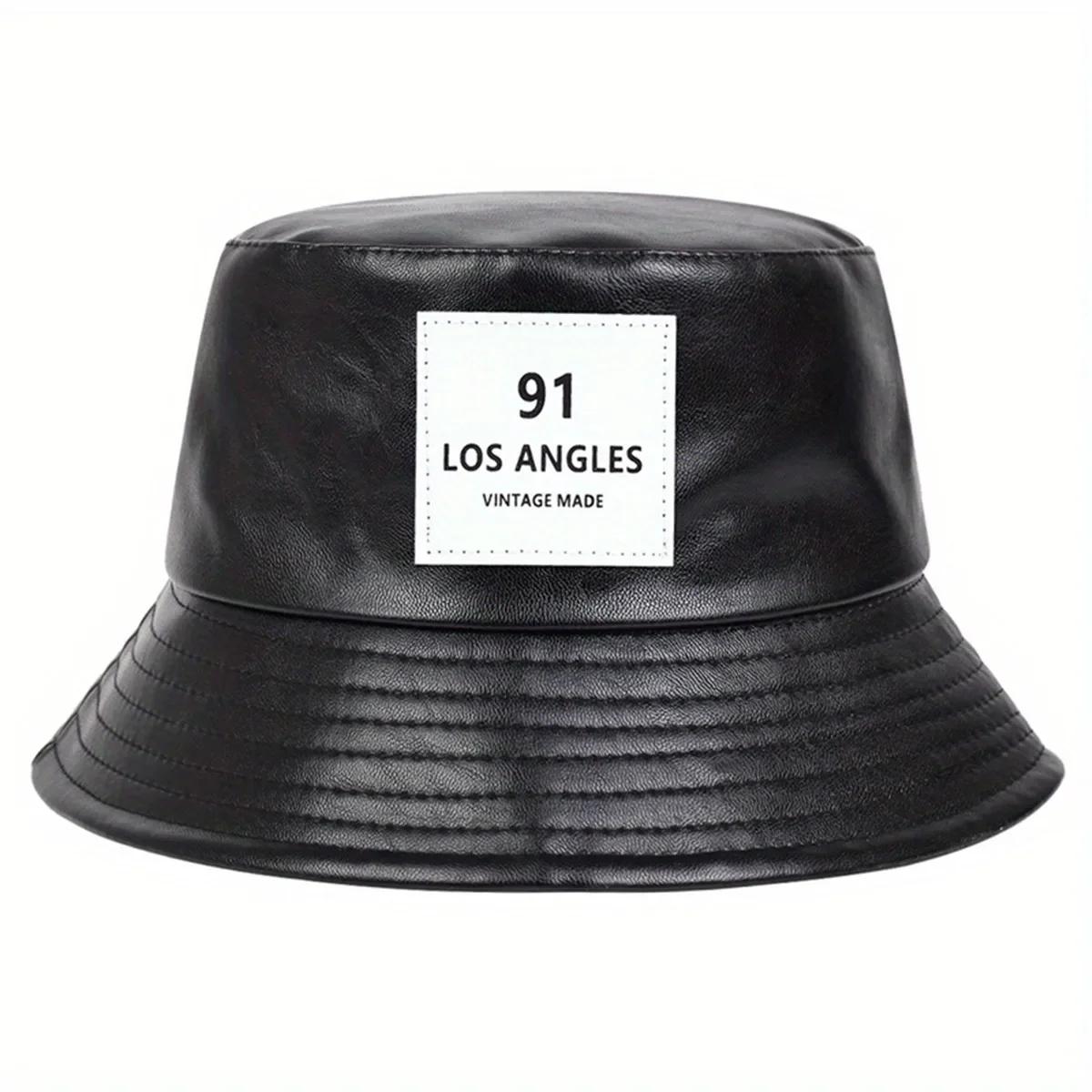 

Unisex 91 Los Angeles Label Embroidery Pu Leather Bucket Hats Fishermen Caps Outdoor Casual Cap Sunscreen Hat чорний білий колір
