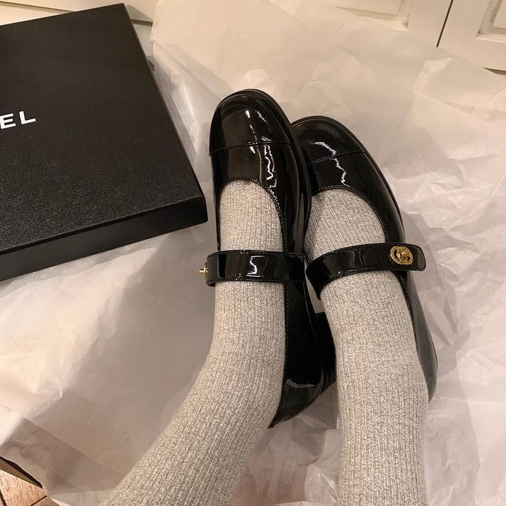 High-end Cowhide Version~ One-word Buckle with Thick Heel Flat Mary Jane Shoes Women's Single Shoes