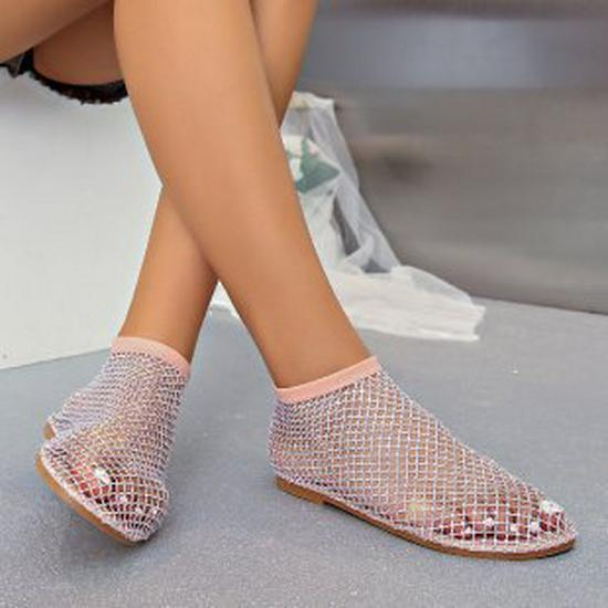 2024 Letnie Cyrkoniowe Okrągłe Palce Puste Płaskie Sandały i Krótkie Botki dla Kobiet, Plus Size