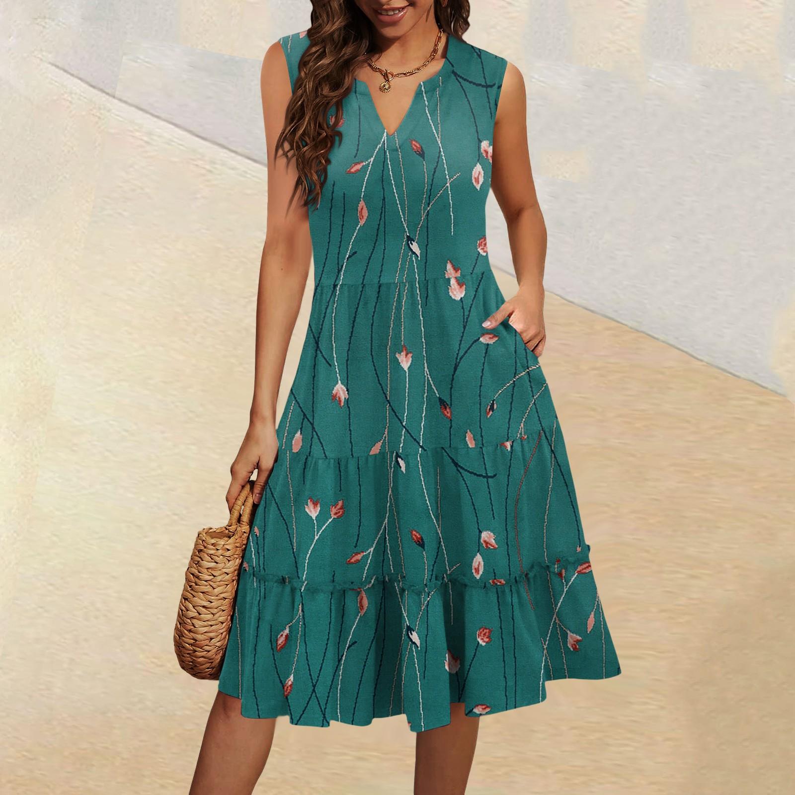 

Женские летние повседневные платья без рукавов с V-образным вырезом и плиссированными оборками в винтажном стиле с цветочным принтом XXL