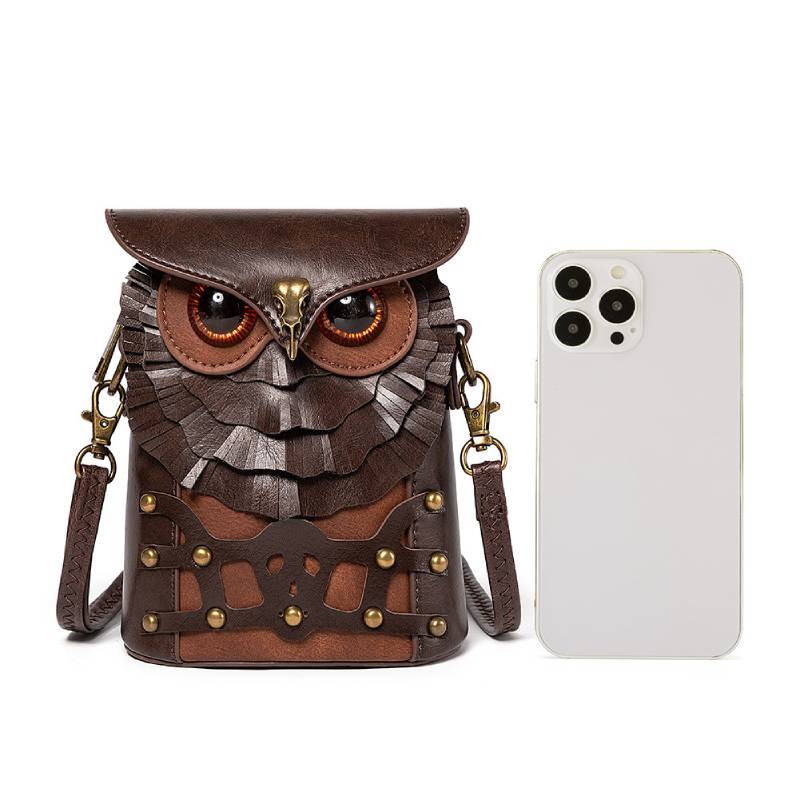 Steampunk Cat Owl Mini Pu Shoulder Bag With Floral Embellishments And Magnet Closure For Casual Days