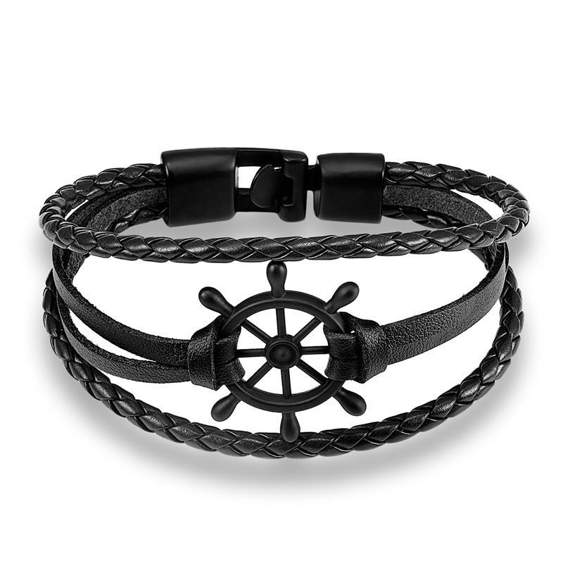 Fashion Retro Men's Ship Rudder Charm Bracelet Men's Multi Layer Leather Rope Chain Wrist Bracelet Ornaments Party Jewelry Gifts