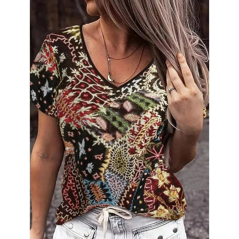 

Летняя женская мода Элегантная футболка с V-образным вырезом Сексуальная футболка с коротким рукавом Топ с цветочным принтом Оверсайз женская футболка Одежда 8XL