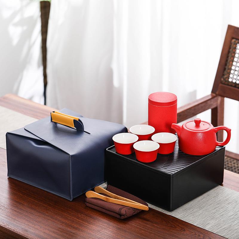 Coarse Pottery Travel Kung Fu Set Ceramic One Pot Four Cups Tray Tea Canister Portable Business Gift