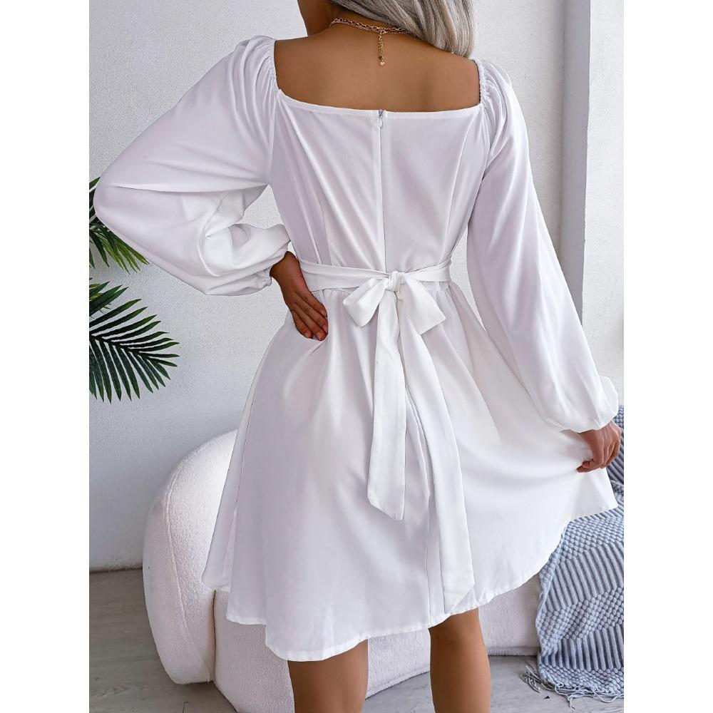 Rochii de damă casual de primăvară și vară, culoare uni, cu urechi din lemn pe lateral, decolteu pătrat, talie marcată, fustă amplă, modă casual