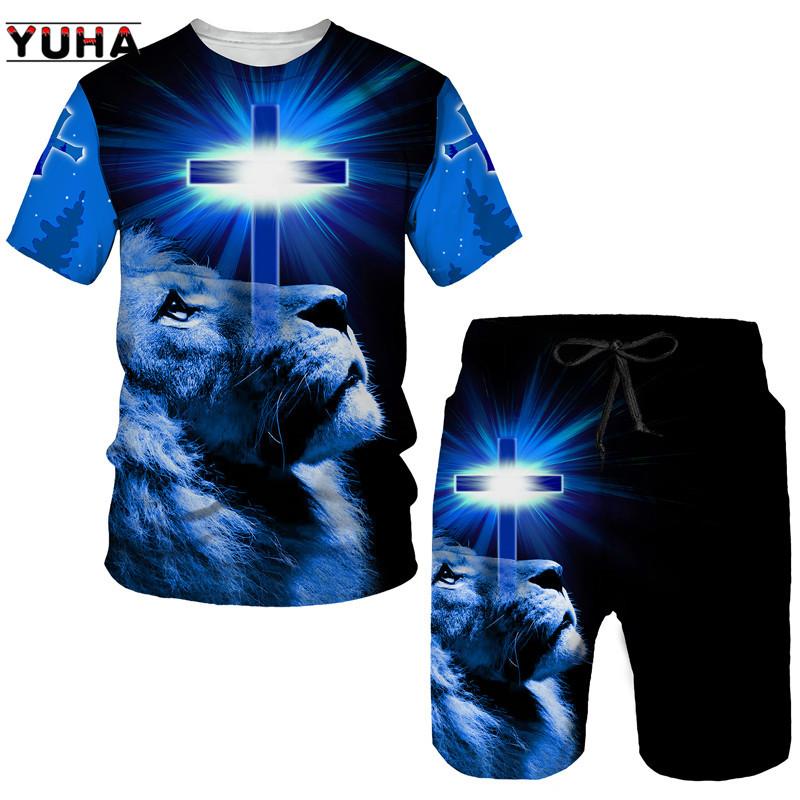 Summer Men's 3D Lion Cross Printed Men's T-shirt/Shorts/Suit Short Sleeve Jesus Love Everone Christian Street Wear 2 Pcs