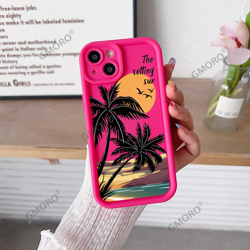 Europe and the United States list sunset coconut tree is suitable for Apple 16pro summer mobile phone case iPhone15 advanced silicone soft case