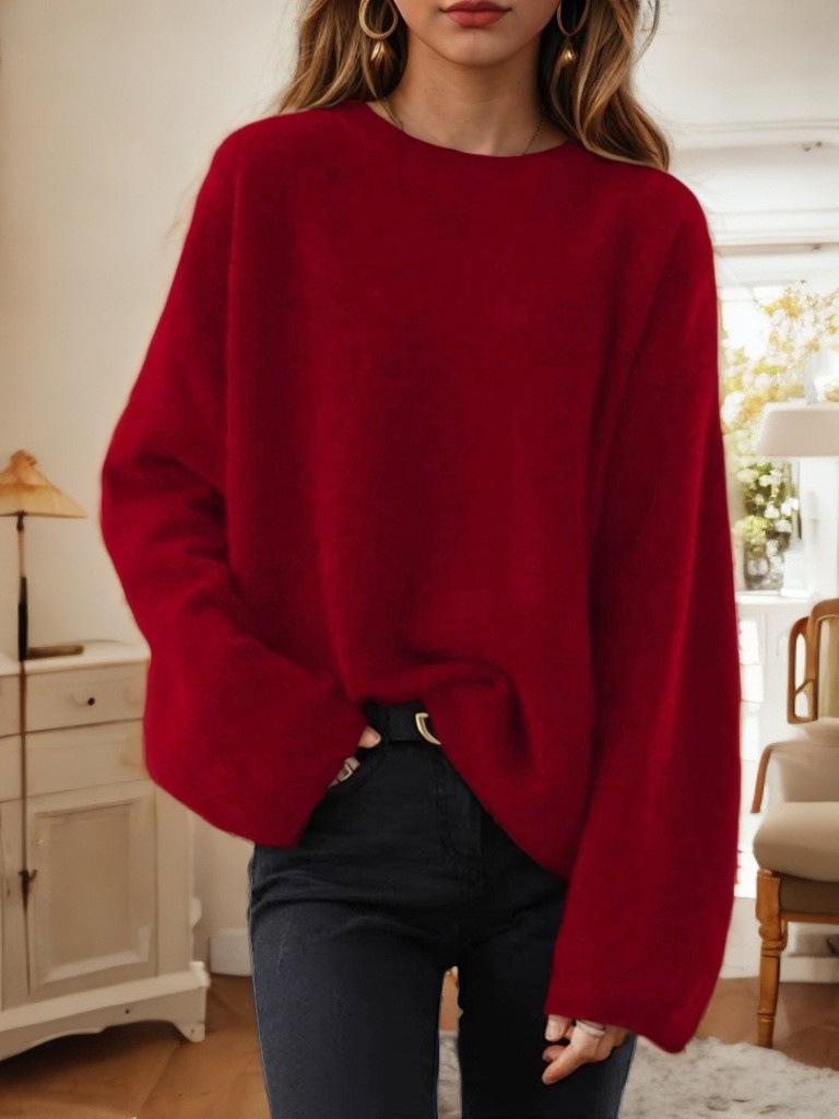 2026 Autumn/Winter Women's Loose Fit Drop Shoulder Knit Pullover Sweater - Solid Color
