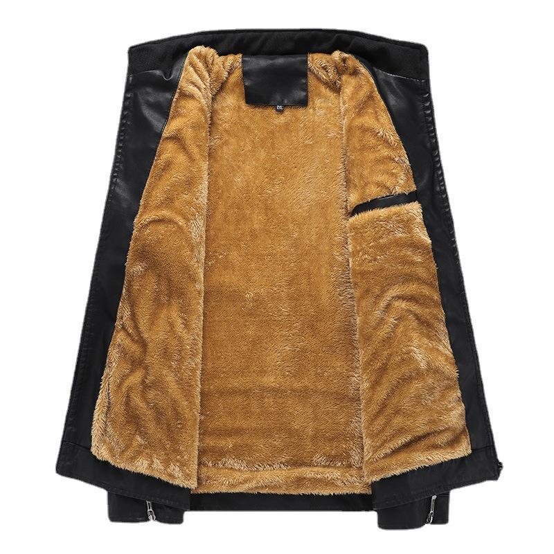 Men's Leather Motorcycle Jacket - European Size, Autumn/Winter, Warm Velvet, Casual PU Leather with Stand Collar.