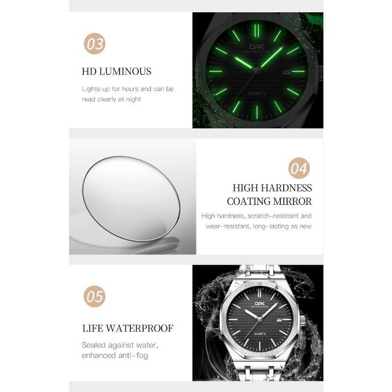 OPK Luxury Fashion Men's Quartz Watch Octagonal Waterproof Night Light Business Men's Calendar Watch