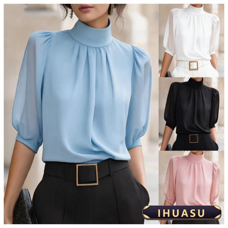 IHUASU Women's Fashion High Neck 1/2 Sleeves Casual Blouses & Shirts Elegant