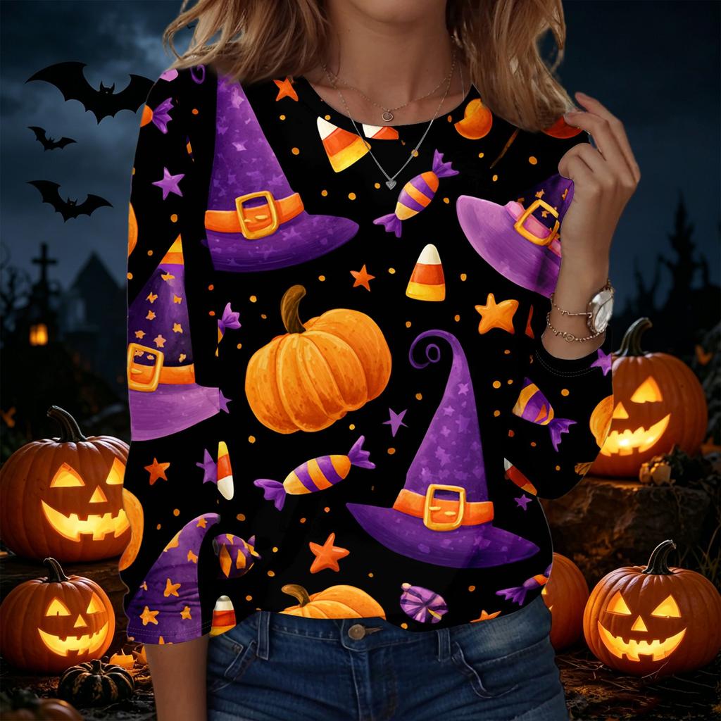 Women's Halloween Print Pullover Sweatshirt Long Sleeve Crew Neck Casual Top Comfortable Fit Seasonal Design
