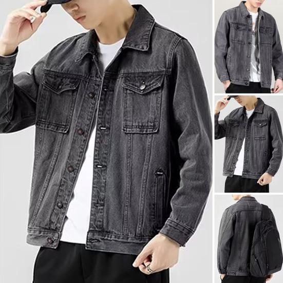 Pánská džínová bunda Klopa Dlouhý rukáv Kapsy s klopou Jednobarevný kabát Zapínání na knoflíky Neformální džínové svrchní oblečení Každodenní nošení