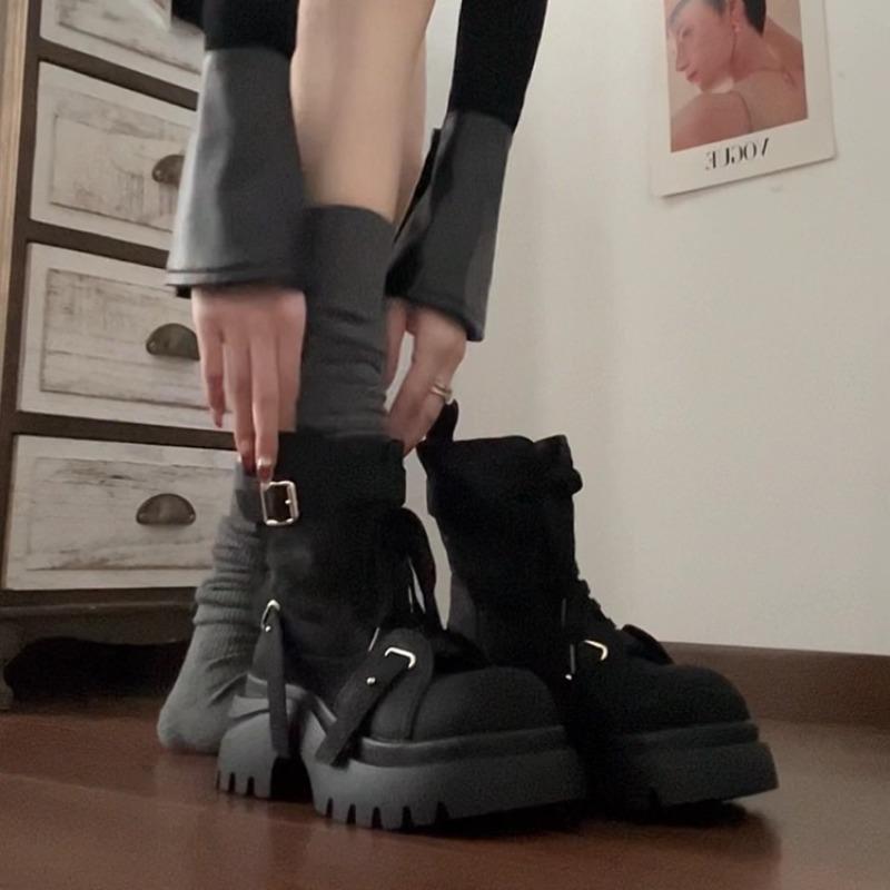 Boots for Women's Retro Round Head Belt Buckle Thick-soled Short Boots Women's Fashion Medium Tube Locomotive Boots Botas Mujer