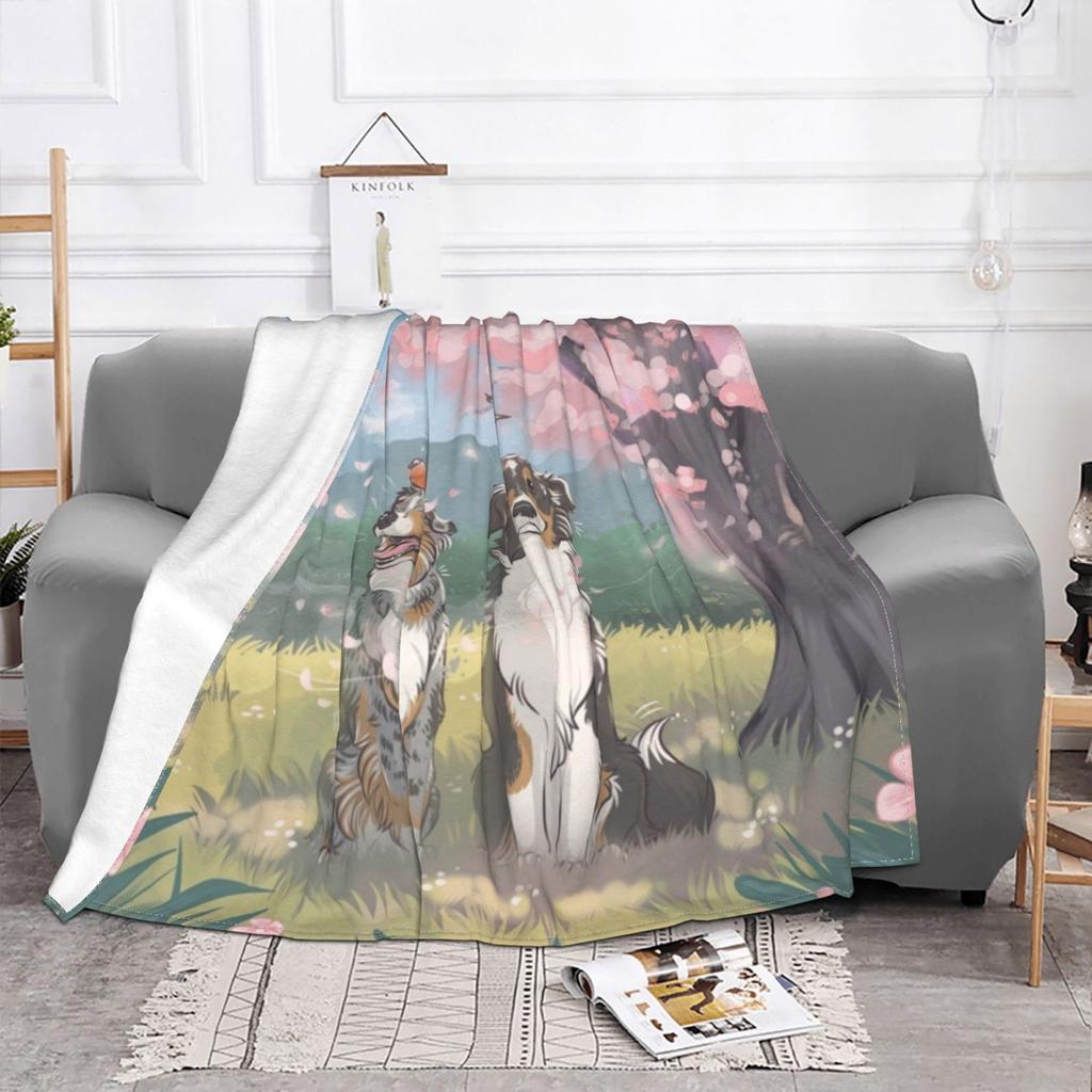 Flowery Spring All Sizes Soft Cover Blanket Home Decor Bedding Dog Australian Shepherd Also Spring Cherry Tree Bird Bullfinch