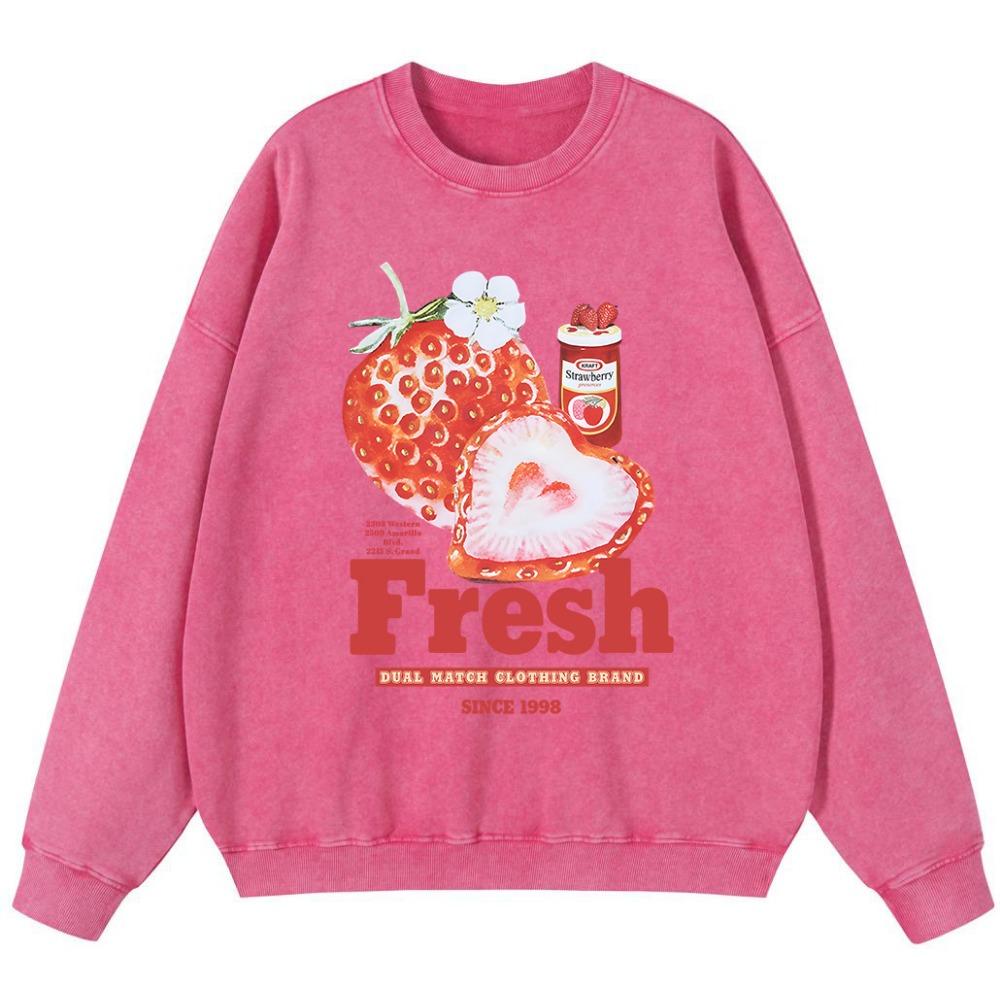 Fresh Strawberry Creative Printed Woman Vintage Washed Cotton Sweatshirt Fashion Oversize Pullover Vintage Comfortable Hoodie