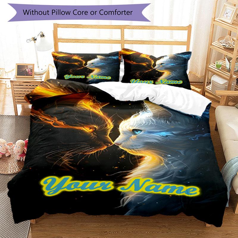 3PC Custom Name Flame Ice Cats Bedding Set Duvet Cover Closure Includes 1 Duvet Cover & 2 Pillowcases for Bedroom