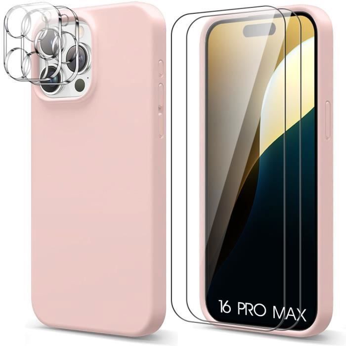 Coque de protection - BOOLING - pour iPhone 16 Pro Max - Silicone Rose - 2 Verres Trempés - Installation Facile