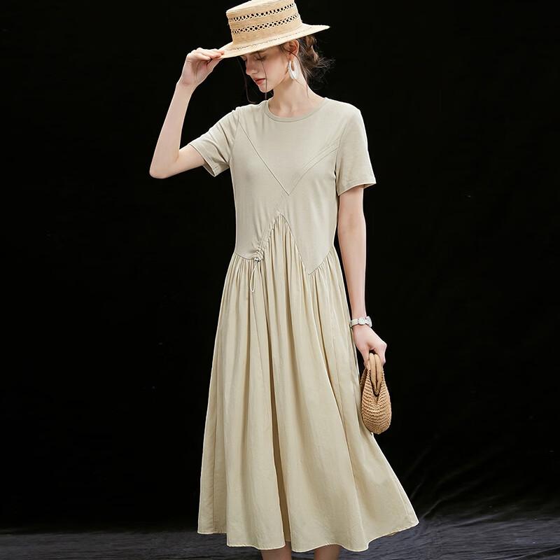 Women's Relaxed Fit Round Neck Drawstring Waist Summer Dress