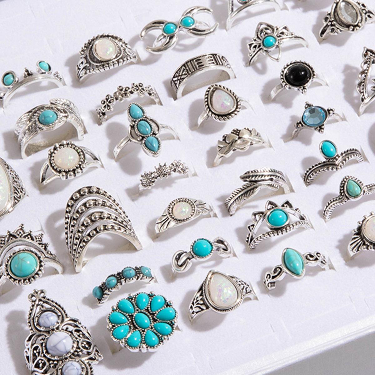 Богемное бирюзовое кольцо-цветок, ретро геометрическое кружевное кольцо, смешанная партия 48 штук