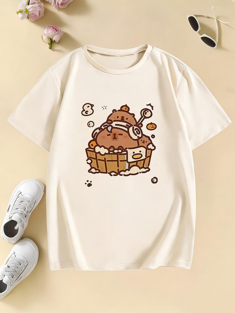 Cartoon Capybara Short Sleeve T Shirts Manga Kids Childrens Tshirt Boys Girls Summer Spring Casual Top Tee Shirt