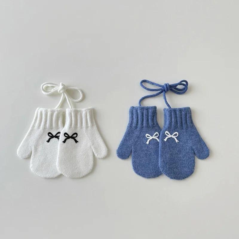 Sweet Bow Kids Girl Knitted Gloves Solid Color Woolen Hanging Neck Mittens Winter Warm Children Glove 3-6Year Baby Hand Cover