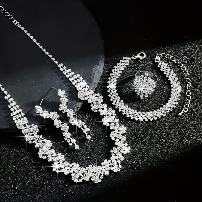 A Luxurious and Exquisite Four-piece Set of Flashy Water-diamond Necklaces, Bracelets, Earrings, and Rings, Perfect for Bridal and Wedding