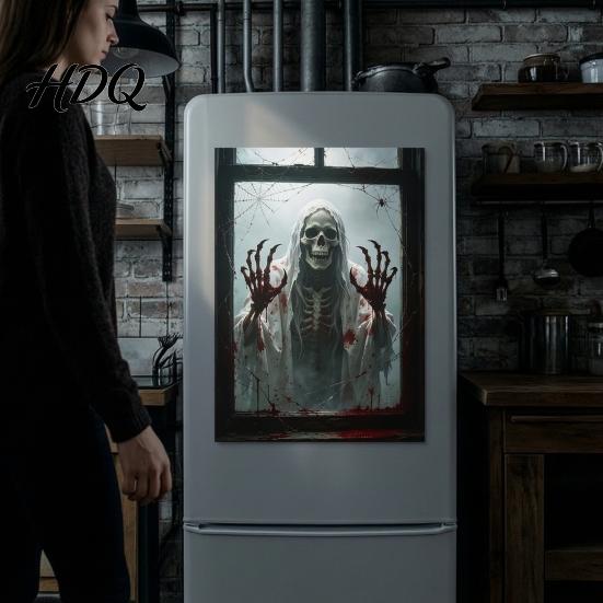 Creepy Window Posters Skeleton Frame Wall Sticker for Halloween Horror Decoration, Reusable Art Decor 3D Scary Stickers with Spider Web Design,