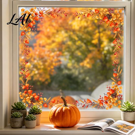 Fall Shop Window Display Harvest Festival Static Glass Sticker Autumn Clings with Maple Leaves Sunflowers And Home Ornaments Berries Prints Reusable