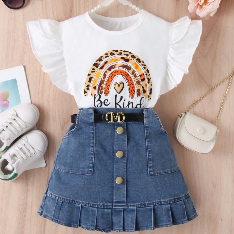 Girls' Fashion Set, Summer Children's Casual Solid-color Sleeveless Top, Denim Pleated Skirt Set, Belt