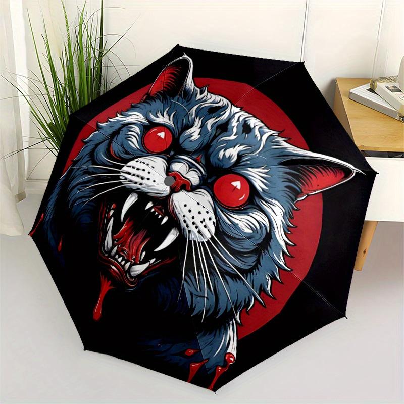 1pc Bloodthirsty Feline Automatic Umbrella High Quality Canopy, Portable Folding Umbrella with, Ideal Gift for - Travel, Everyday, Formal Ev