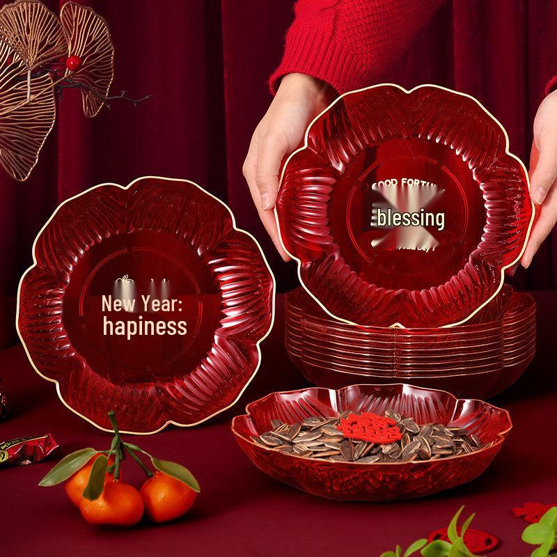 2026 New Year Red 'Fu' Character Fruit Plate with Sunflower Seeds and Candy Snacks for Festive Dining and Coffee Tables
