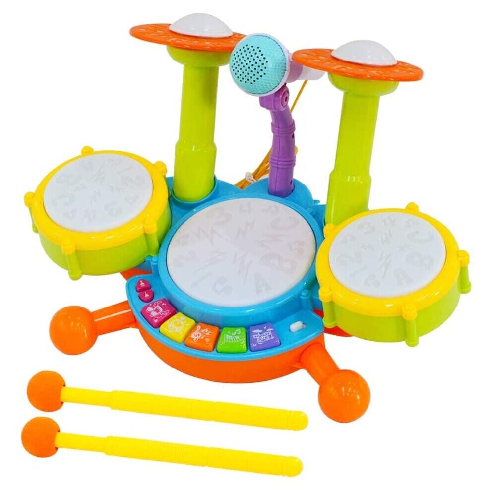 Beginners Musical Table Top Drum Kit Play Set with Drum Sticks Microphone Light Features Interactive Music and Sounds for Babies Kids Toddlers