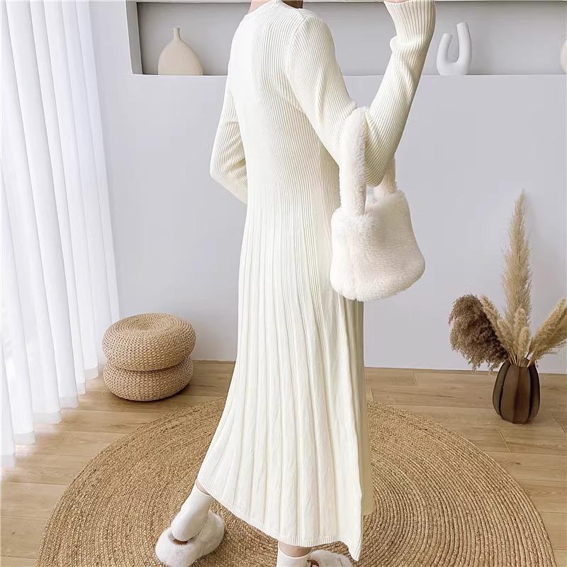 Mittelanges Strickkleid für Damen Einfarbig Langärmlig Tailliertes Kleid Lässiger Pullover für Herbst und Winter