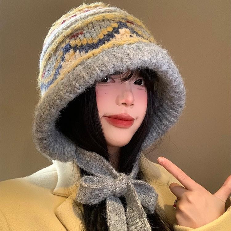 Fair Island Style Thickened Warm Wool Hat Autumn and Winter Retro Versatile Face Showing Small Bag Head Hat Outdoor Casual Hat Women