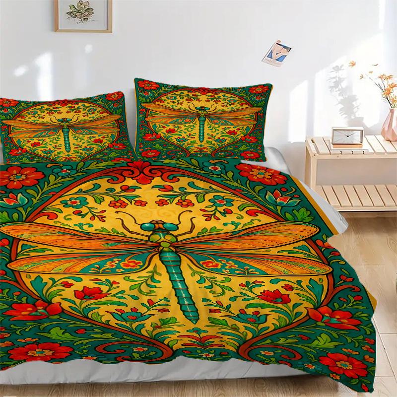 

3PCs Dragonfly, Floral Pattern Design Cover Set, Breathable Fabric, Machine Washable (1 Duvet Cover + 2 Pillowcases) (Without Quilt) yy250911177 135x200cm