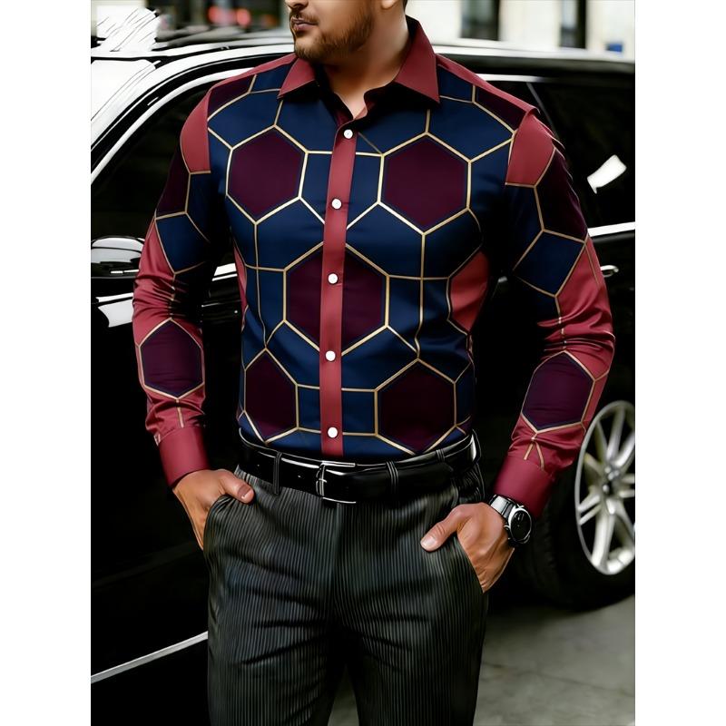 New 11 Color Men's Long Sleeved Shirt with Gold 3D Printing, Fashionable Color Block Pattern, Luxurious Shirt Style