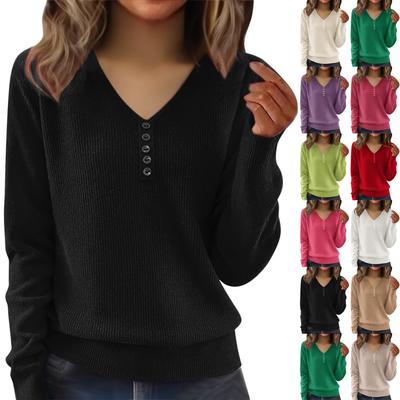 Women's Fashion V-Neck Button-Front Long-Sleeved Knit Top Solid Colour Loose-Fit Blouse