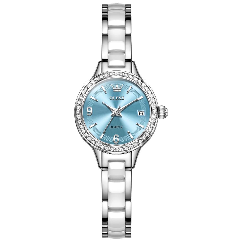 OLEVS Waterproof Quartz Popular Perfect Gift for Stylish Business Watch with Date Slim Silver Stainless Steel Turquoise Blue Dial Women's Watch, Blue,