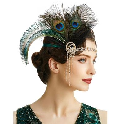 Retro Vintage Feather Headband Crystal Sequin Cosplay Dress Headwear Rhinestone Zircon Masquerade Hair Band Bridal Headdress