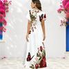 Women Plus Size V Neck Short Sleeve Floral Butterfly Print White Straight Long Dress