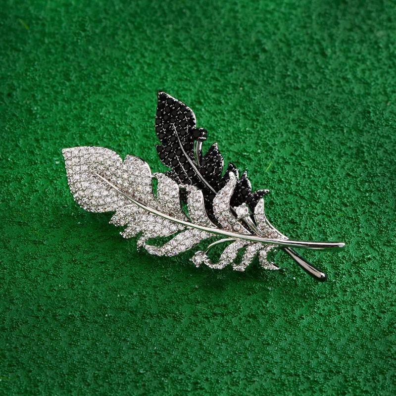 Black and White Feather Minimalist Stud Elegantly Set with Diamonds Feather Brooch Unique Design Pin
