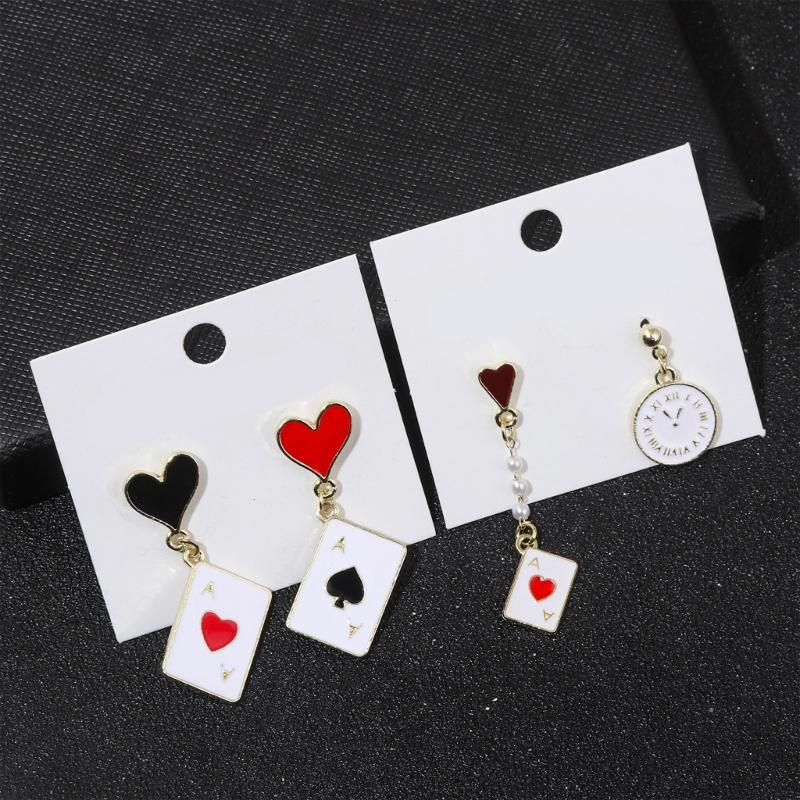 2 Pairs Trendy Clock Poker Card Drop Earrings Asymmetric Ear Accessories Stylish Earwear for Festivals and Gatherings
