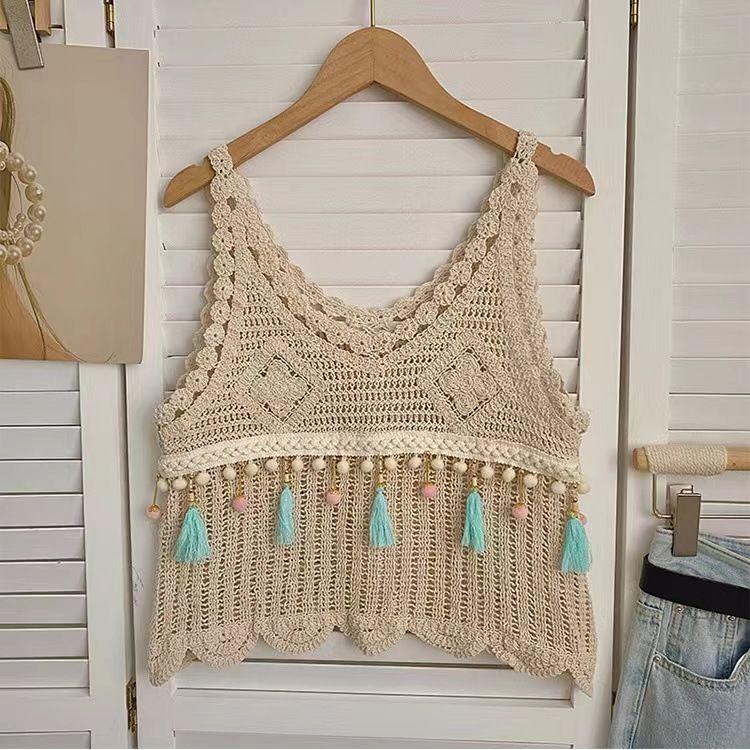 

Жилет без рукавов с кисточками в стиле ретро для женщин с чувством дизайна. Облегающий короткий топ-майка с вырезами на лето M