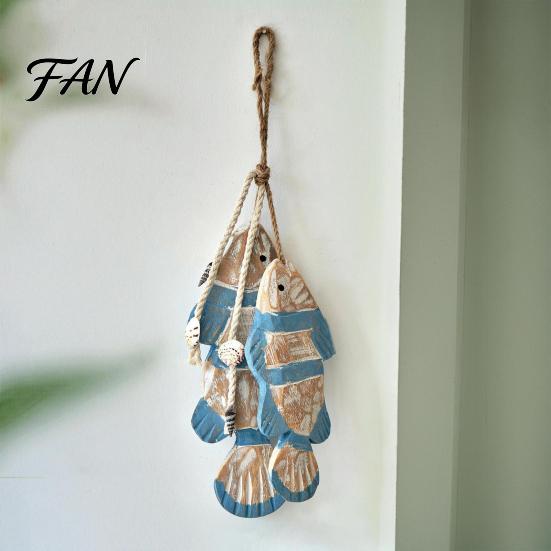 Coastal Wall Art Rustic Nautical Wooden Fish Decor, Beach Style Hanging Creative House Decor Ornament with Fishing Net for Lake House, Bedroom,