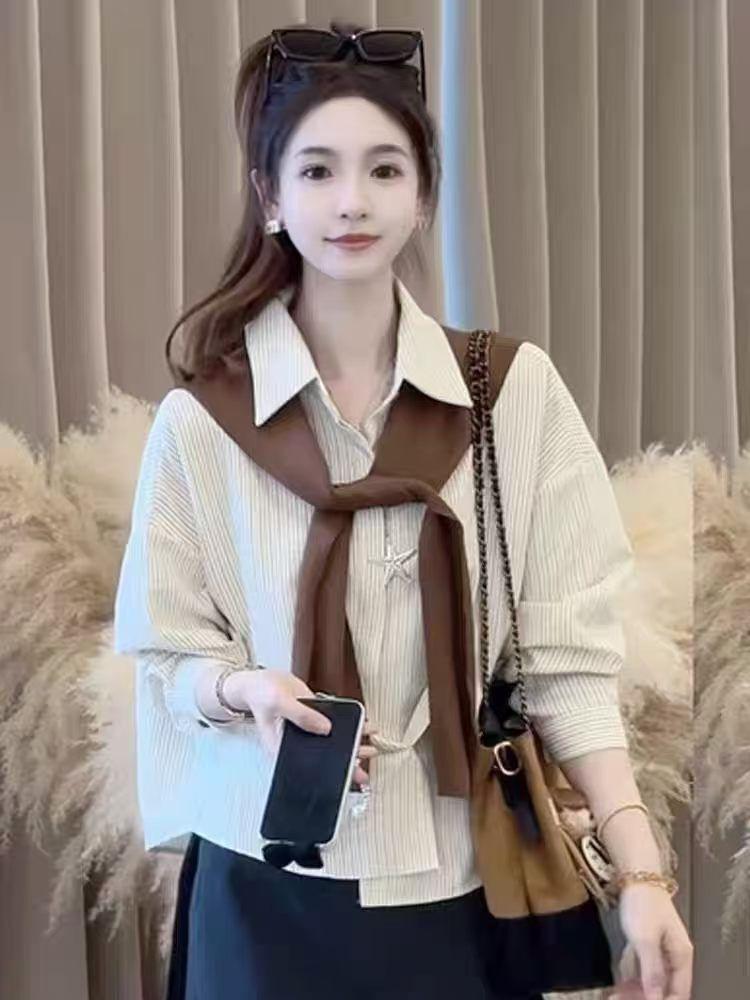 Korean Striped Shawl Long Sleeve Two-Piece Set for Women - 2026 Autumn Slimming Versatile Top